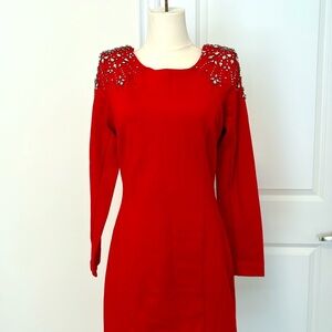 Le Chateau Red Long Sleeve Dress with Embellished Shoulders Formal